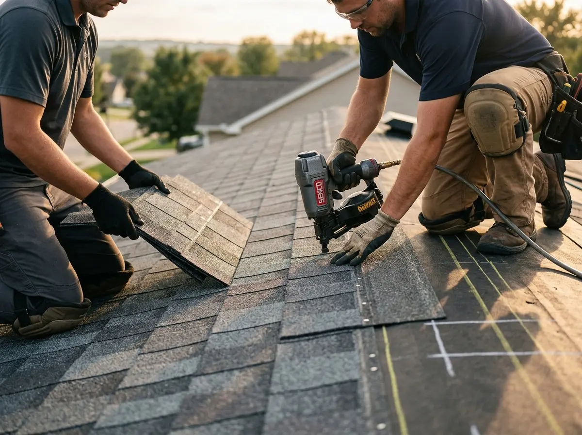 Professional roofer working on a residential roof in Saugus